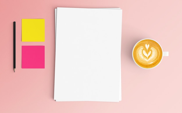 Foto espacio de trabajo moderno con taza de café y papeles en blanco en color rosa.