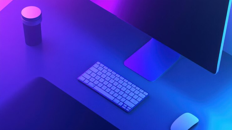 Espacio de trabajo moderno y vibrante con mouse de teclado de computadora y accesorios iluminados por luces de neón