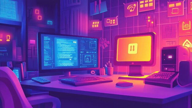 Espacio de trabajo Neonlit coder39s con dos monitores que muestran código y una pantalla de pausa
