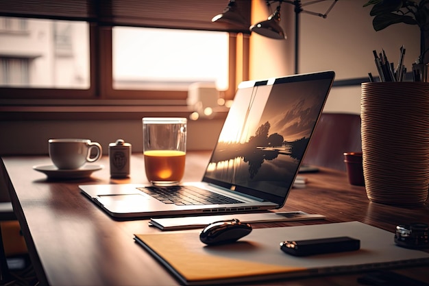 Espacio de trabajo de oficina con computadora portátil en la mesa de madera