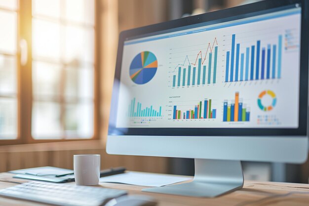 Espacio de trabajo de oficina con escritorio de computadora que muestra gráfico de análisis