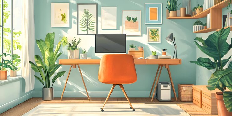 Espacio de trabajo de oficina en el hogar iluminado por el sol con plantas y obras de arte