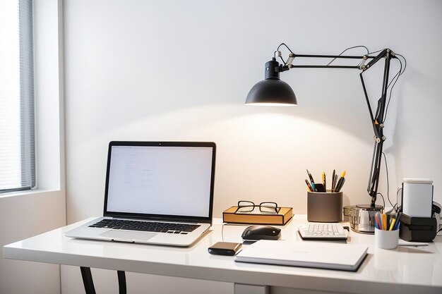 Foto espacio de trabajo de oficina con lámpara y portátil