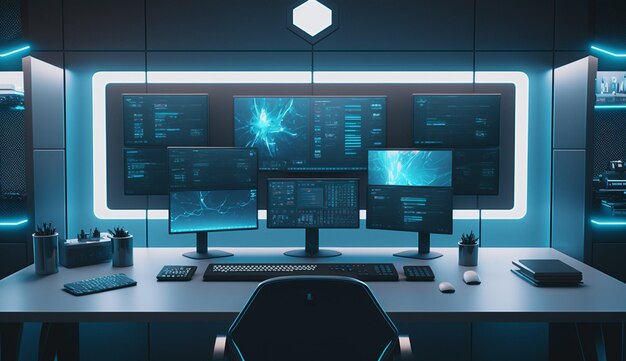 Foto un espacio de trabajo de oficina moderno del futuro con luces de tecnología azul de fondo ia generativa