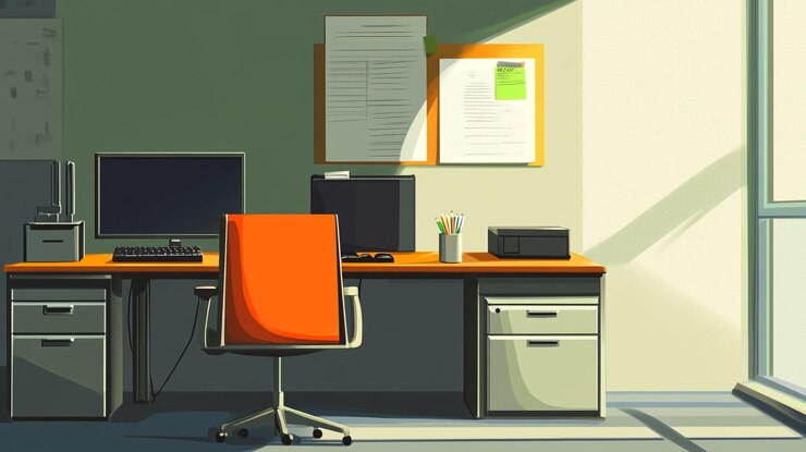 Espacio de trabajo de oficina moderno con silla naranja y computadora iluminada por luz natural durante el día