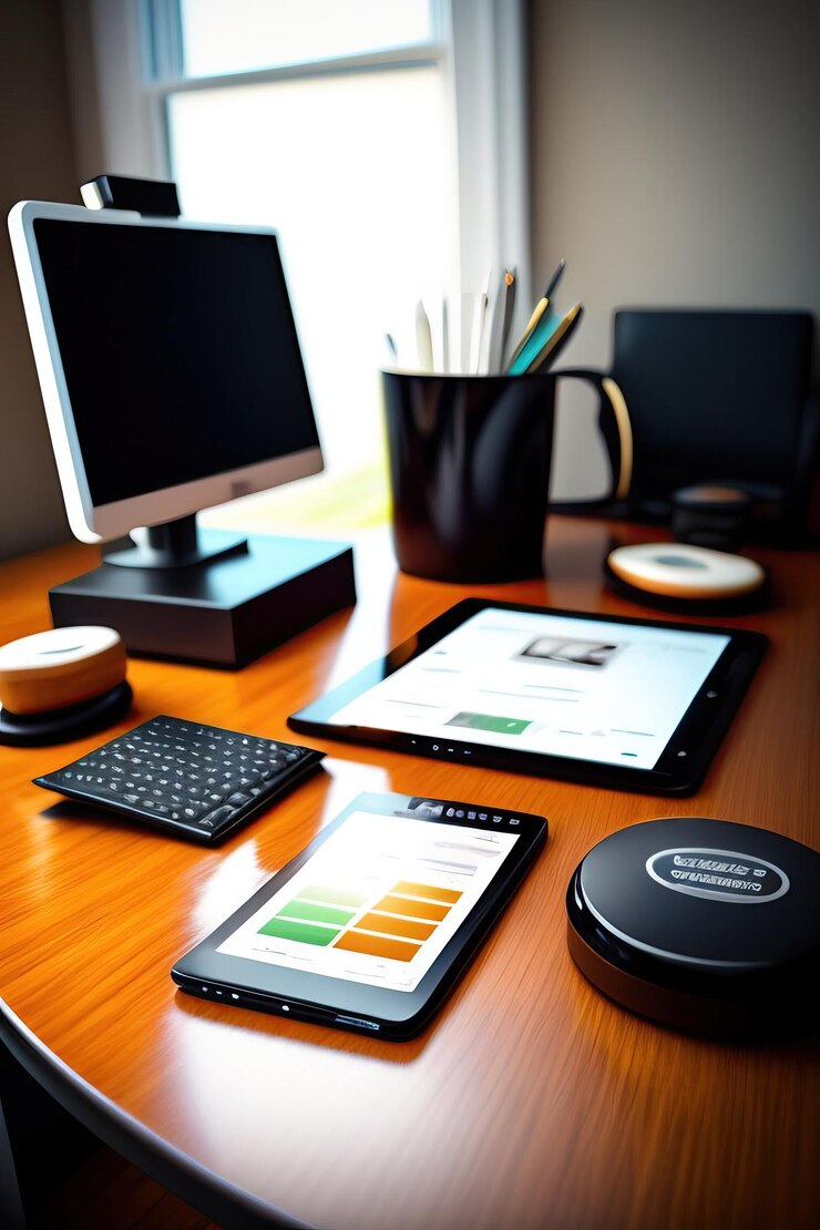 Foto espacio de trabajo de oficina con tableta