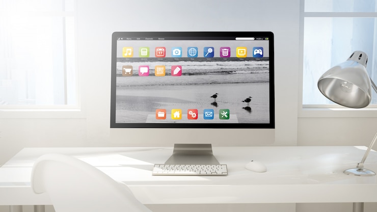 Foto espacio de trabajo con pantalla de computadora