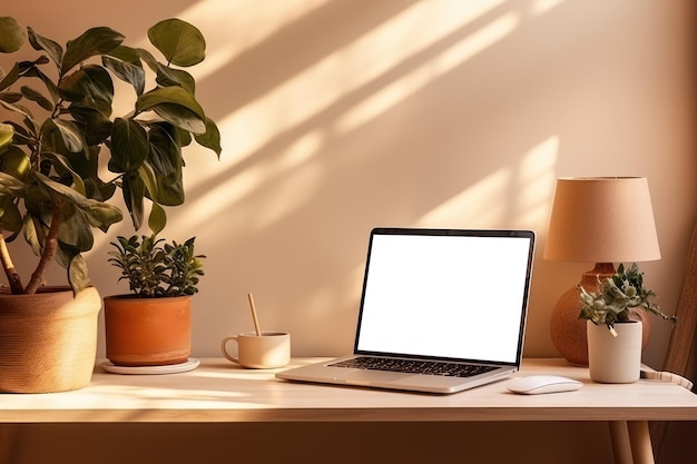 Espacio de trabajo con pantalla vacía de computadora portátil y suministros de oficina en mesa de madera IA generativa