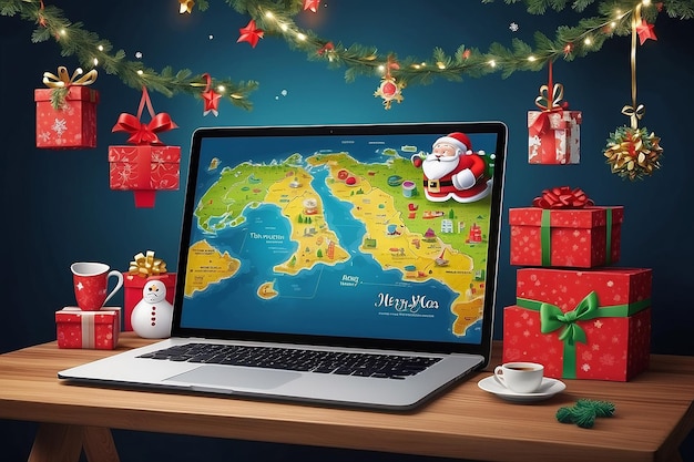 Foto espacio de trabajo de papá noel con cajas de regalos para portátiles, estantería de mapa del mundo del té, diseño de tarjetas de felicitación para la noche de navidad