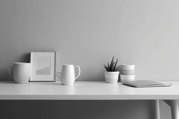 Espacio de trabajo productivo y minimalista con un escritorio sencillo y utensilios mínimos contra una pared blanca Generado por IA