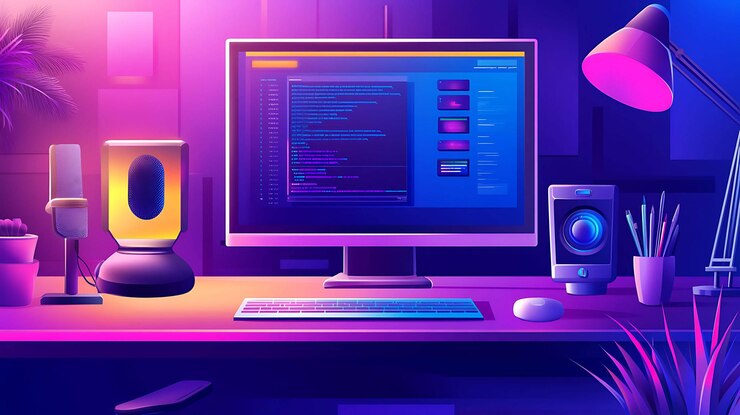Foto un espacio de trabajo de un programador con un teclado de computadora, un ratón, un micrófono, un altavoz y una lámpara de escritorio
