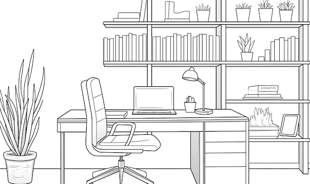 Un espacio de trabajo sereno Un dibujo de un escritorio con una computadora en él