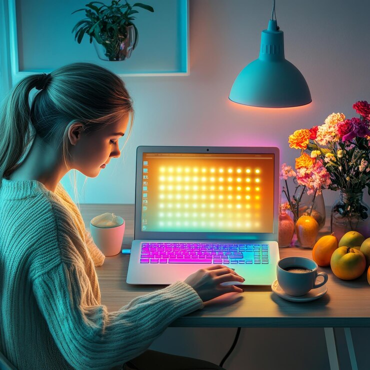 Foto un espacio de trabajo sereno iluminado por colores vibrantes con una persona dedicada a un trabajo creativo tarde en la noche