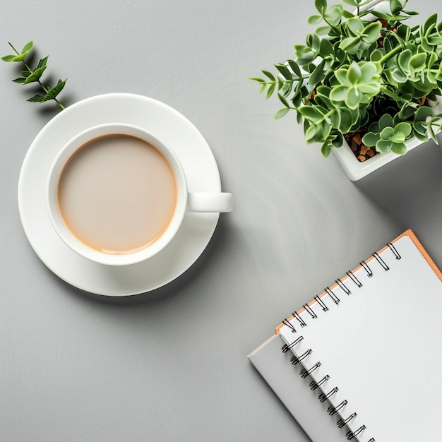 espacio de trabajo tranquilizador escritorio plano libro de notas blanco
