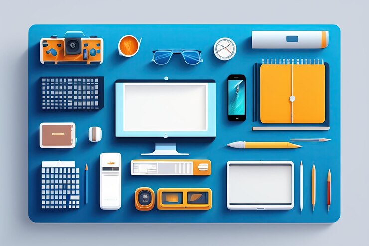 Foto espacio de trabajo y vista superior de fondo azul plantilla de diseño plano creativo de regreso a la escuela