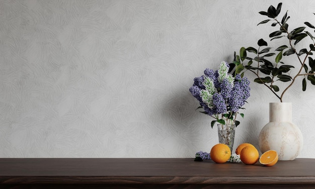 Espacio vacío en blanco en la hermosa encimera de madera de roble con luz solar matutina naranja y flor Telón de fondo 3d renderizar ilustración