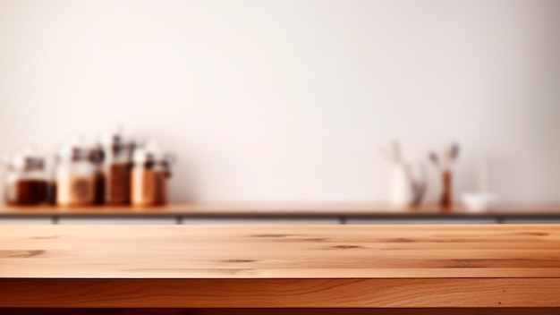 El espacio vacío de la cocina de madera contra la parte superior del fondo de la pared blanca AI generativa