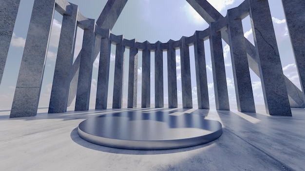 Espacio vacío para exhibición de productos columnas de hormigón podio de hierro 3d render