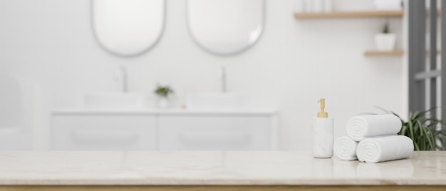 Espacio vacío en una mesa blanca de lujo en un baño blanco de lujo con lavabo doble