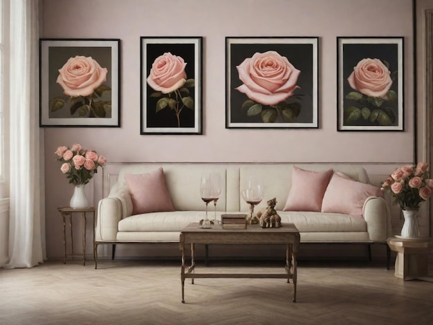 Espacio vacío en la pared con impresiones enmarcadas o pinturas de rosas detalladas Esto proporciona un ambiente clásico y refinado