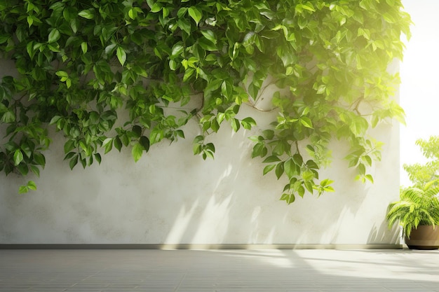 Espacio vacío rodeado en la pared por hermosas hojas y flores y una hermosa iluminación Marco de hojas verdes Ilustración IA generativa