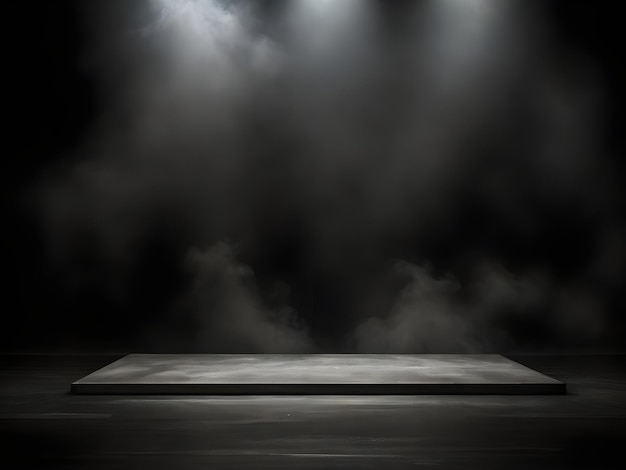 Espacio vacío de la sala oscura del estudio con escenario de piedra de hormigón o podio en el suelo de concreto de textura grunge