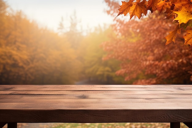 Espacio vacío sobre una mesa con un fondo otoñal perfecto para exhibir su producto