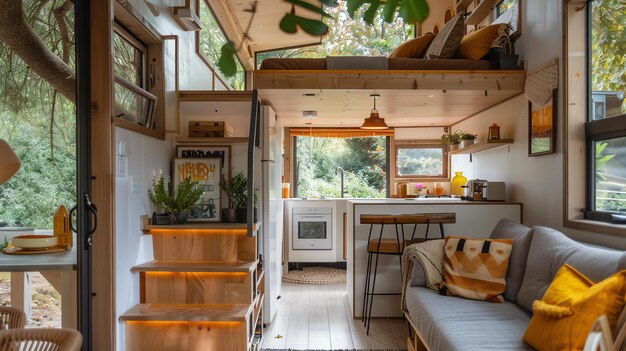 Foto un espacio de vida acogedor en una casa pequeña la casa está hecha de madera y tiene un interior moderno hay una sala de estar cocina y dormitorio