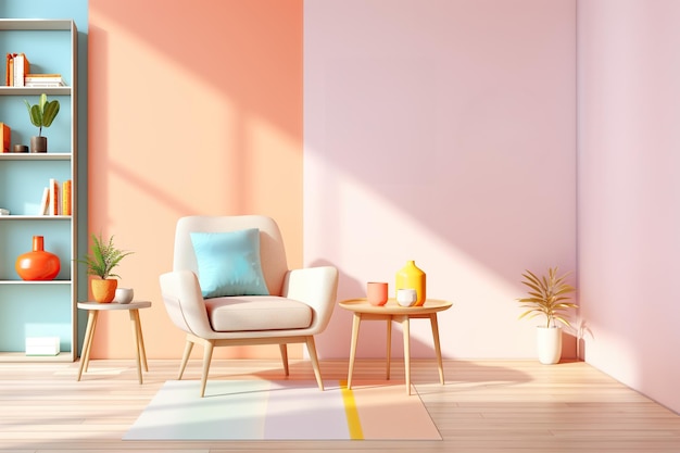 Espacio de vida en colores pastel con decoración moderna y ambiente iluminado por el sol
