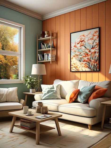 Foto un espacio de vida contemporáneo con muebles elegantes complementados por una pintura cautivadora que agrega un toque artístico al ambiente.