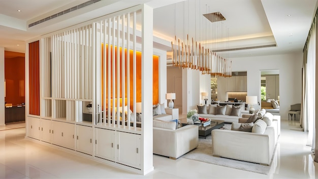 Espacio de vida de lujo con divisor de habitación blanco limpio y acento naranja Concepto de diseño interior Divisor de habitación blanca Espacio de vivienda de lujo Acento narenja limpio y elegante