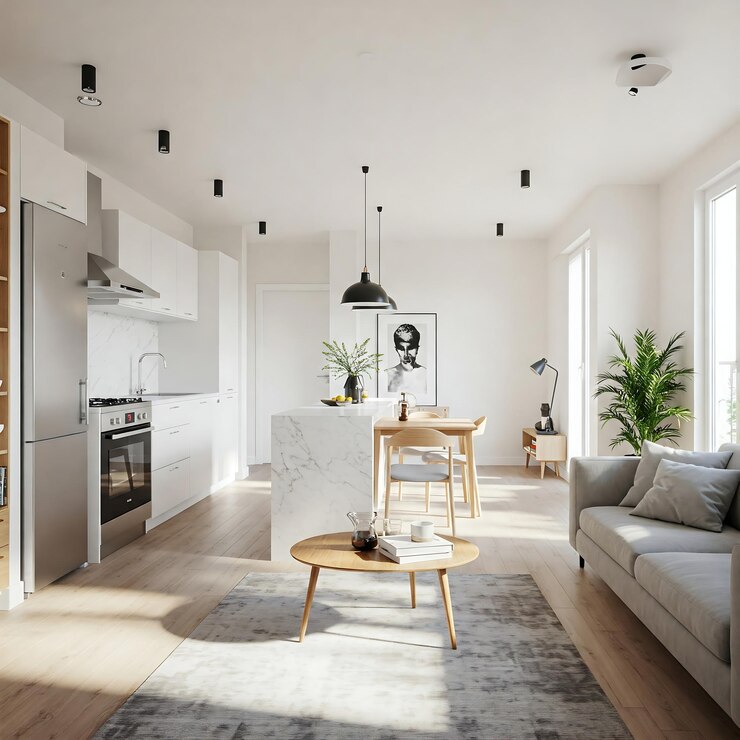 Espacio de vida moderno de planta abierta con cocina y comedor