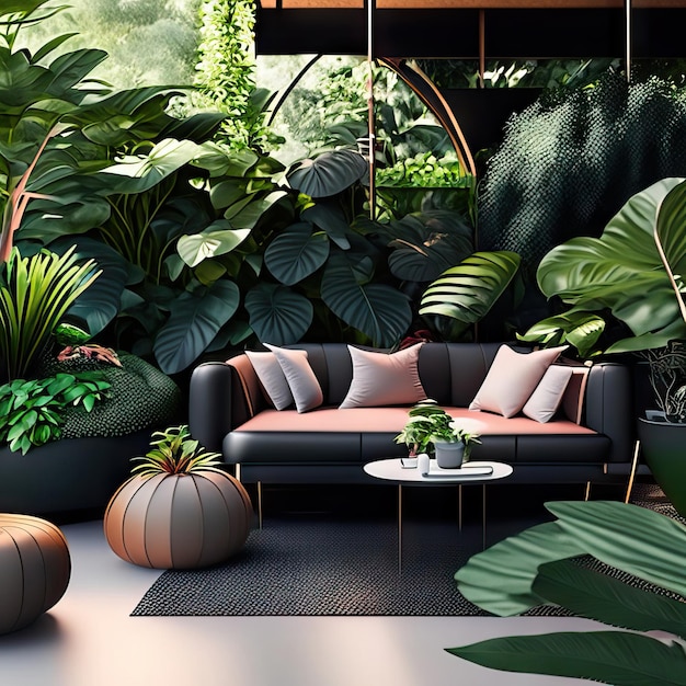 Foto espacio zen de sala de estar al aire libre con plantas tropicales y muebles modernos ia generativa