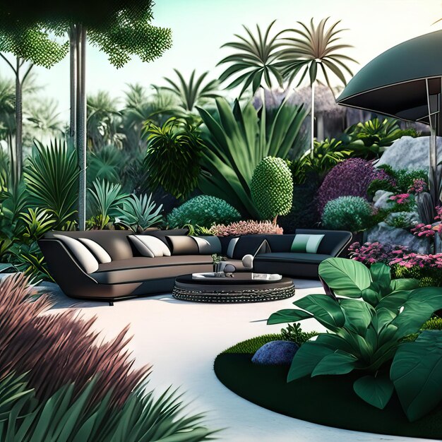 Foto espacio zen de sala de estar al aire libre con plantas tropicales y muebles modernos ia generativa