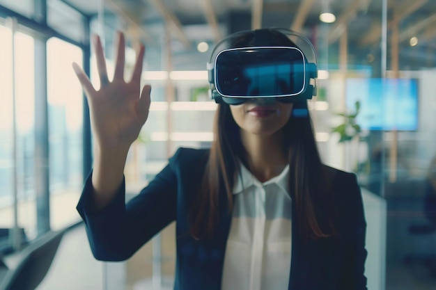 Espacios de trabajo futuristas Mujeres de negocios que usan un auricular de realidad virtual Tecnología de realidad virtual