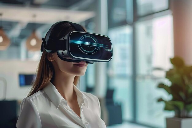 Espacios de trabajo futuristas Mujeres de negocios que usan un auricular de realidad virtual Tecnología de realidad virtual