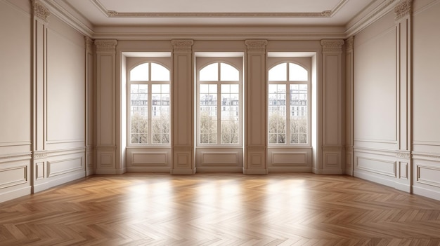 Espaço aberto de design de interiores de quarto vazio com janelas clássicas de piso em parquet de carvalho Generative AI