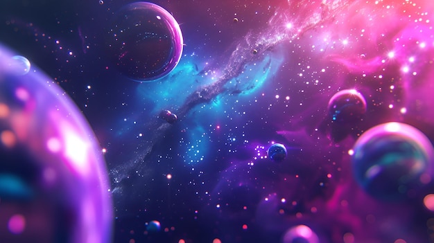Espaço abstrato com fundo brilhante com planetas, universo e estrelas em cores holográficas roxas roxas