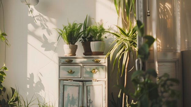 Foto espaço agradável e retro de interior de casa com armário vintage com elegante acesso de ouro ai gerativa