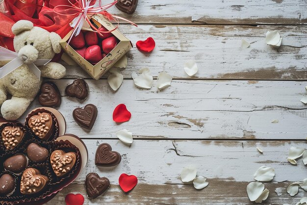 Foto espaço branco com urso de chocolate presenteado de valentines em diferentes estilos em cima e embaixo