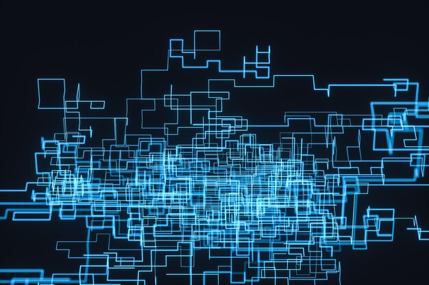 Espaço cibernético azul com linhas brilhantes cruzadas renderização 3D desenho digital por computador