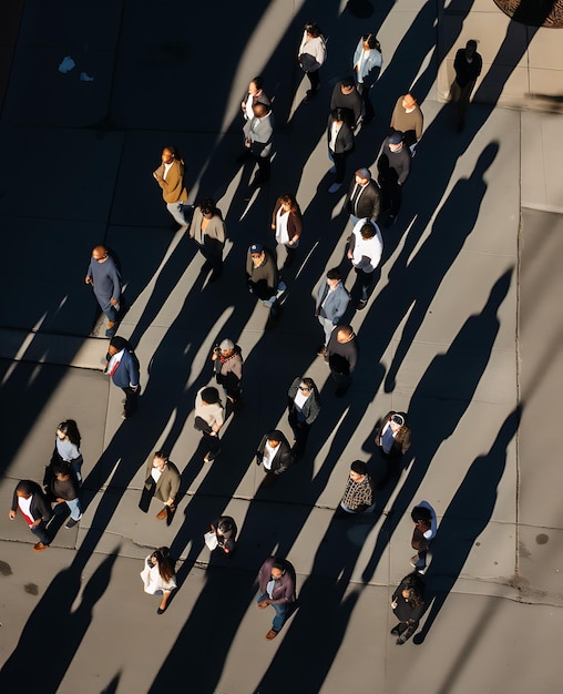 Espaço Comunal Urbano Dezenas de Pessoas e Suas Sombras na Calçada