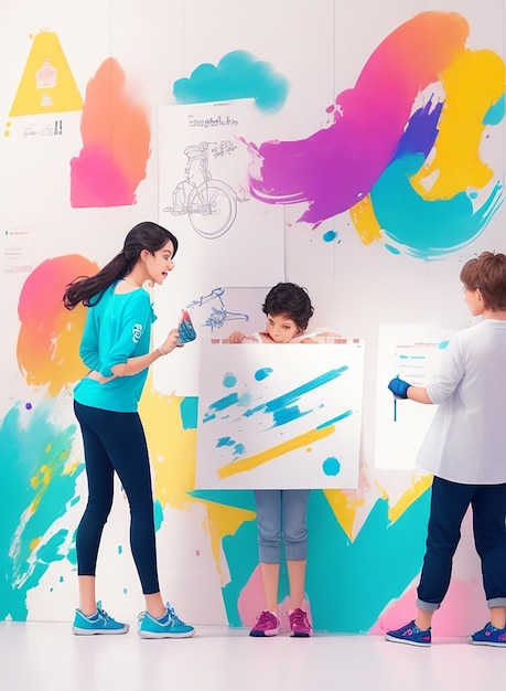 Espaço criativo de jovens empreendedores em estilo gráfico desenhado à mão com cores pastel