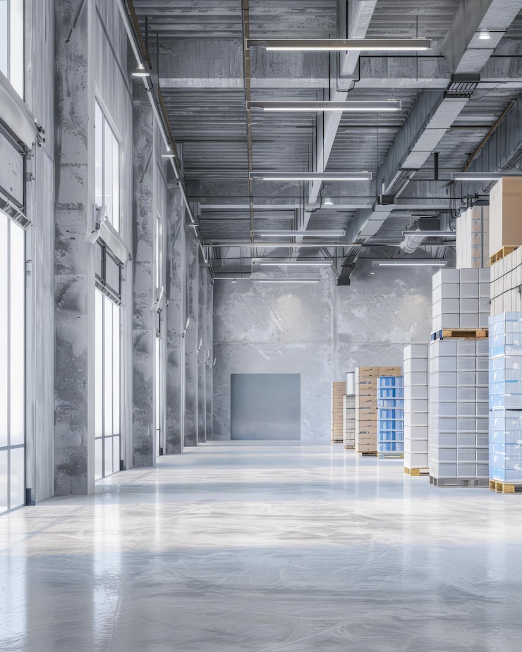 Foto espaço de armazém industrial vazio com espaço de cópia para texto