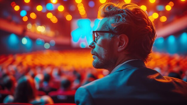 Espaço de conferências ocupado, multidão atenta, conversa corporativa.