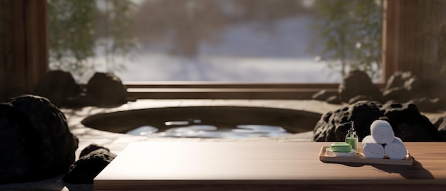 Espaço de cópia de imagem aproximada na mesa de madeira em banho japonês Onsen natural e aconchegante