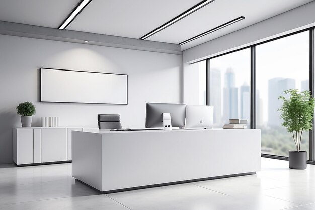 Espaço de cópia para exibir seu produto em uma mesa branca sobre um fundo desfocado de um lobby de escritório branco moderno com um balcão