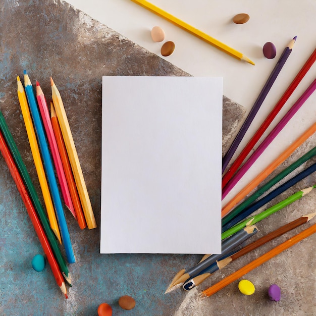 espaço de cópia plana folha de papel branco e lápis coloridos
