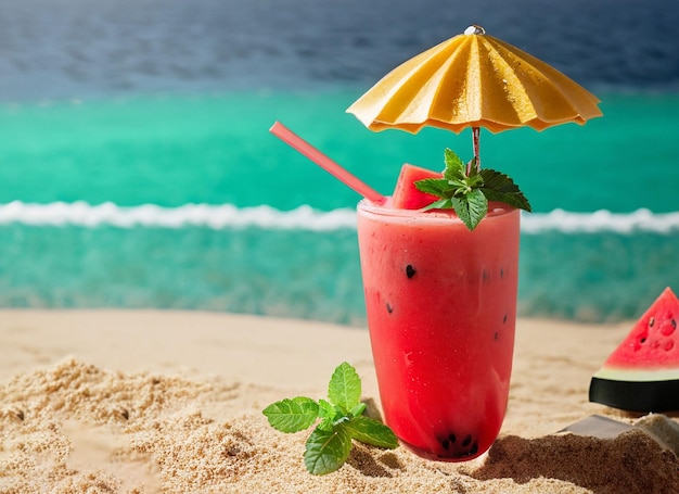 Espaço de cópia suave de melancia fria um guarda-chuva na mesa de areia no fundo da praia
