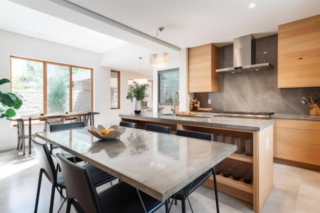 Espaço de cozinha contemporâneo com mesa de jantar de vidro e bancada de concreto